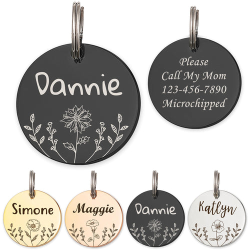 Anavia Floral Pet ID Tags Birth Month Flowers Theme Dog Tag Round Bone Shape Cat Name Tag Glossy Stainless Steel Gold Plated Dog Collar Tag (Round - Flower Field - Black Small)