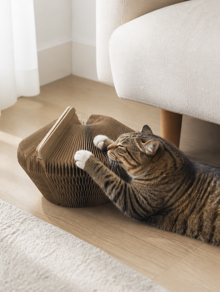 FlexScratch Transforming Cat Board used by a cat in a home