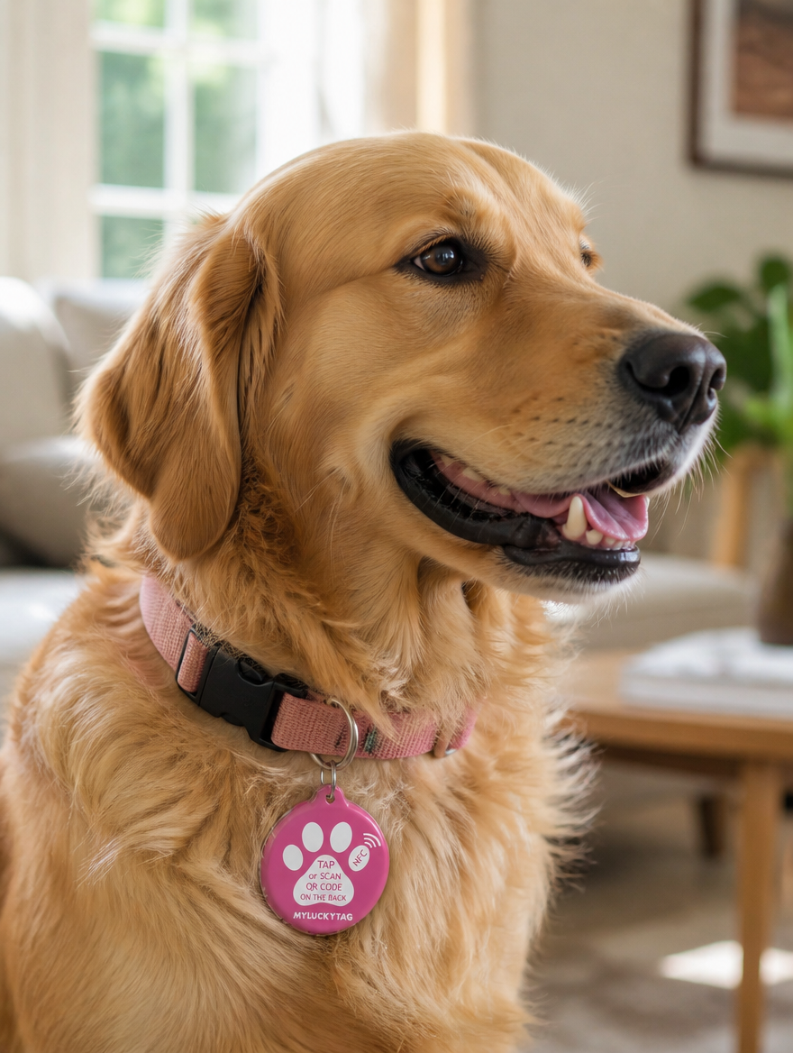 SmartScan NFC & QR Pet ID Tag worn on a dog collar