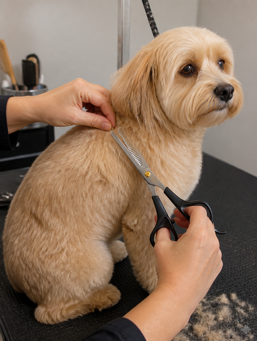 ProBlend Pet Thinning Shears used during professional dog grooming