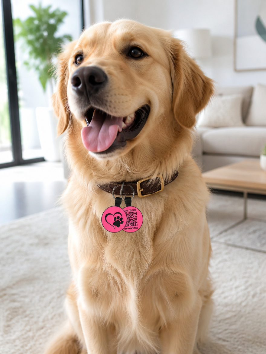 QuietScan QR Silicone Pet ID Tag worn on a dog collar